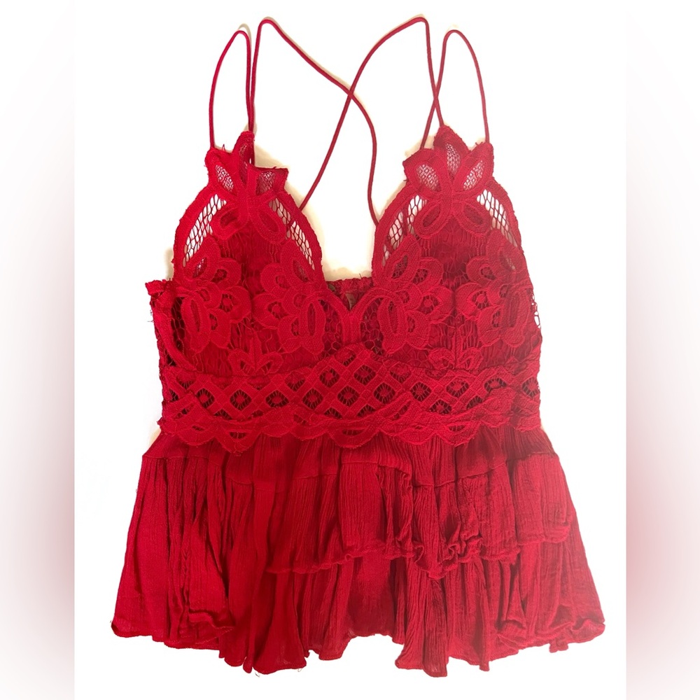 Free People Sexy Summer Top Cherry Red Lace Ruffles Size Small S